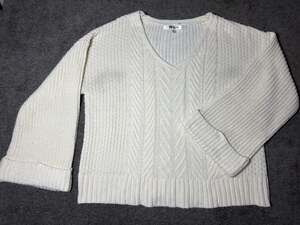 Ye Mak Sweater M Cream Cable Knit V-Neck Wide Bell Sleeve Cropped Pullover Boho